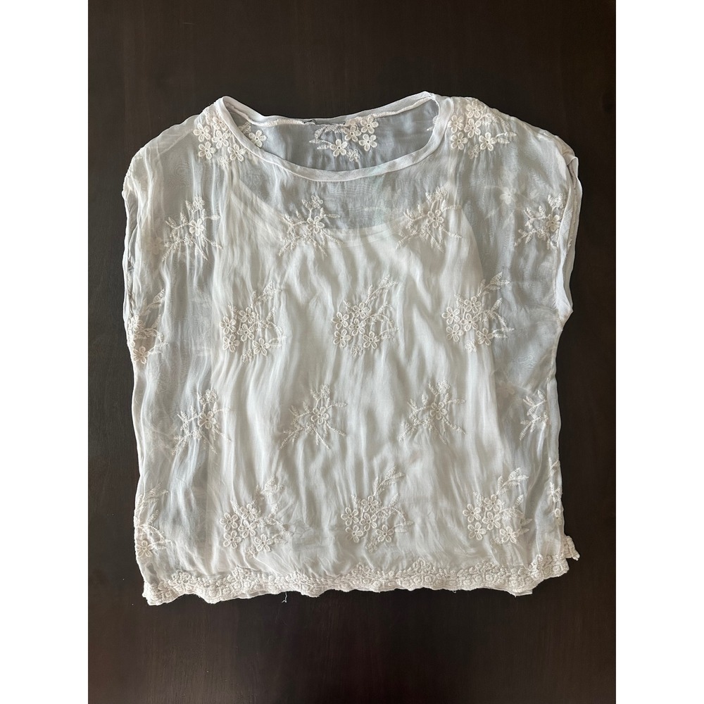 Angela Moda White Floral Embroidered Sheer Top Made in Italy Size L Boho Scallop